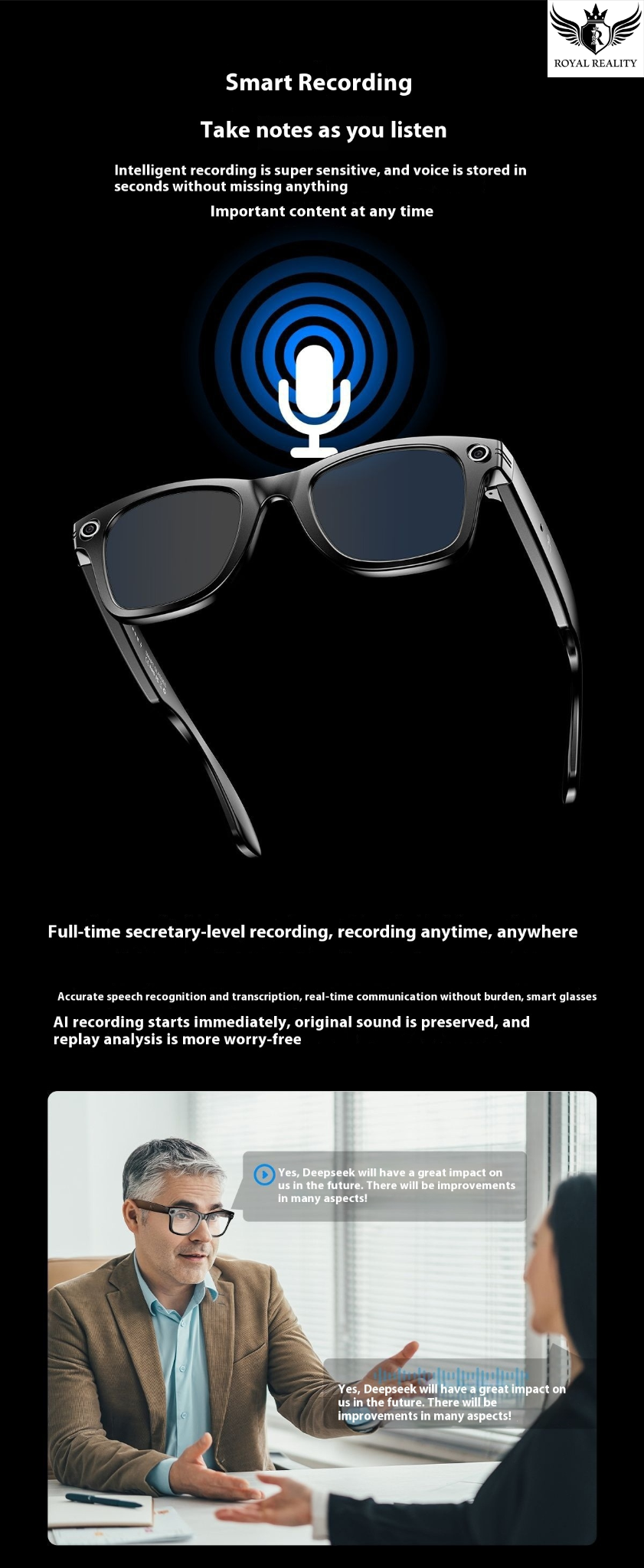 Smart glasses with microphone and user interface on a black background