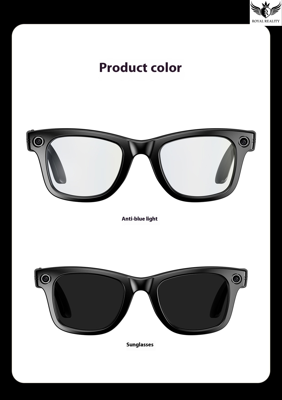 Two pairs of sunglasses on a white background with text indicating 'Product color'.