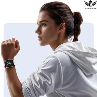 Woman wearing a smartwatch with a blurred background