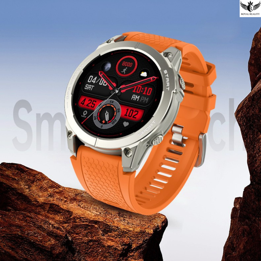 Orange smartwatch with a black display on a wooden surface