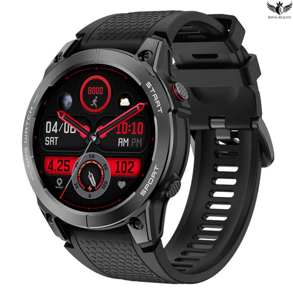 Black smartwatch with a detailed display on a white background