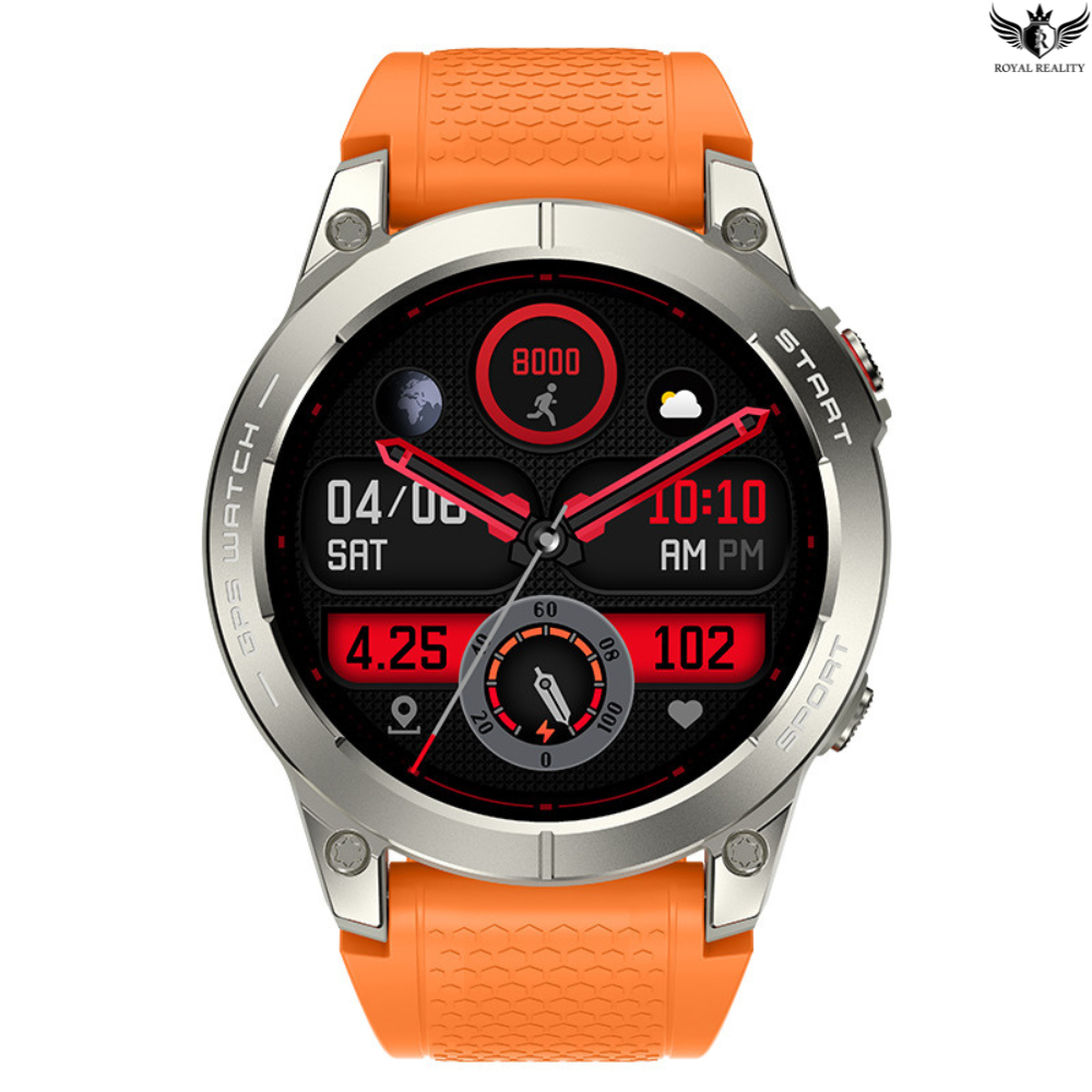 Smartwatch with an orange strap on a white background