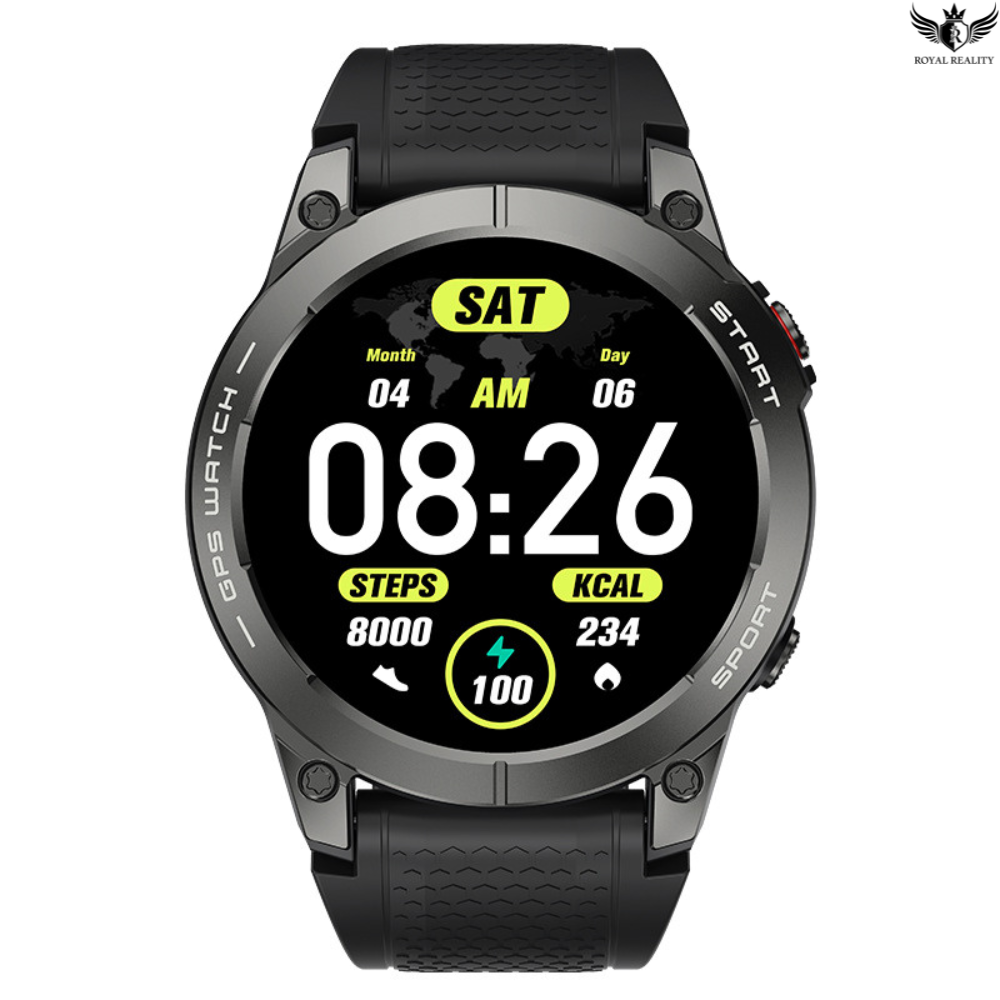 Black smartwatch with digital display on a white background