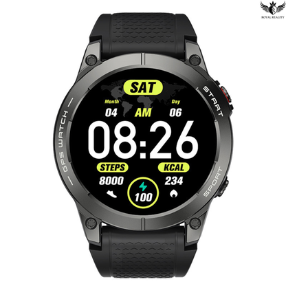 Black smartwatch with digital display on a white background