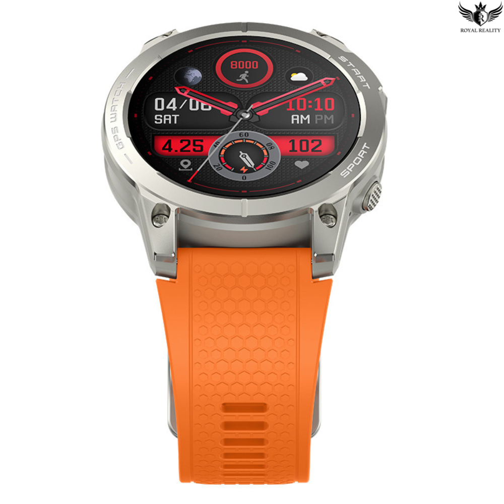 Smartwatch with an orange strap on a white background