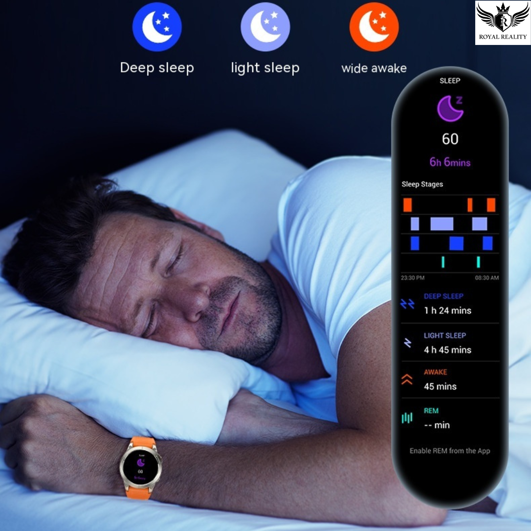 Man sleeping with a smart device displaying sleep analysis on his wrist.