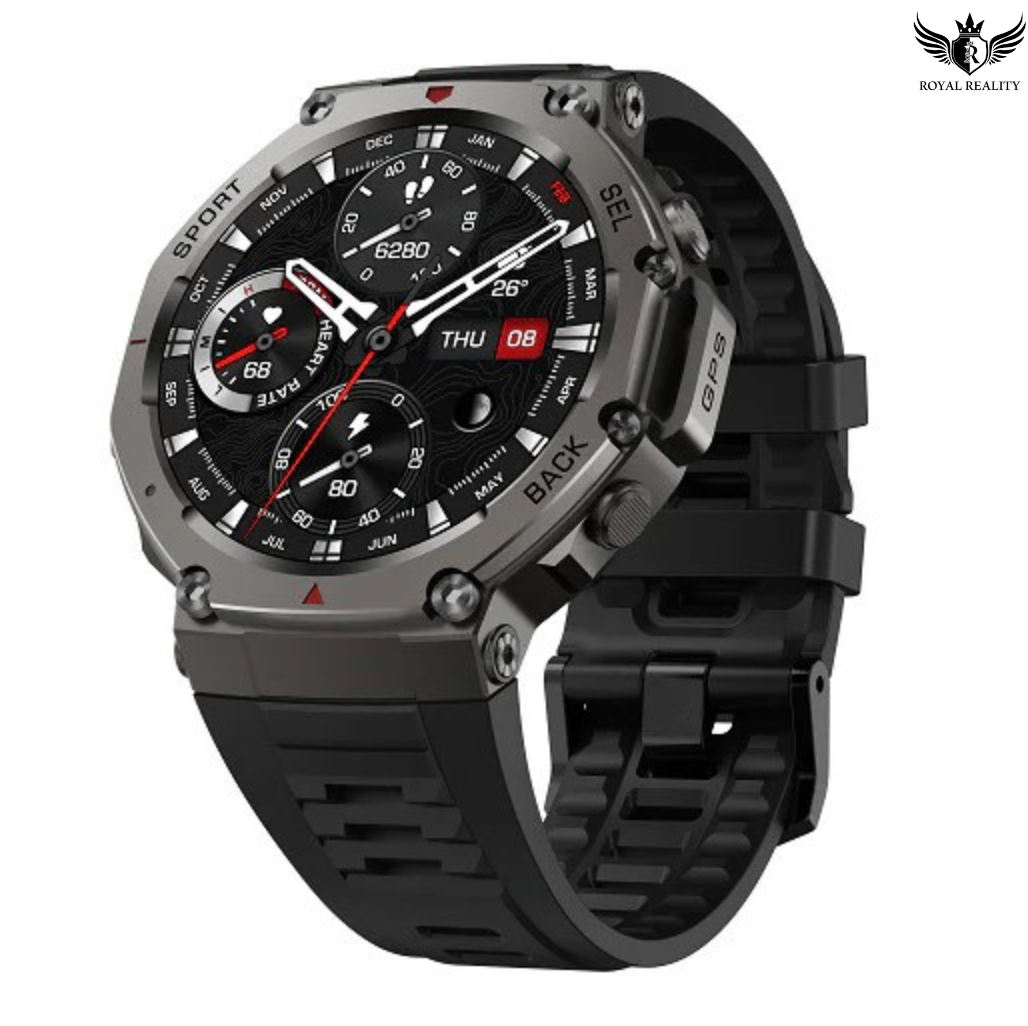 Black smartwatch with detailed display on a white background