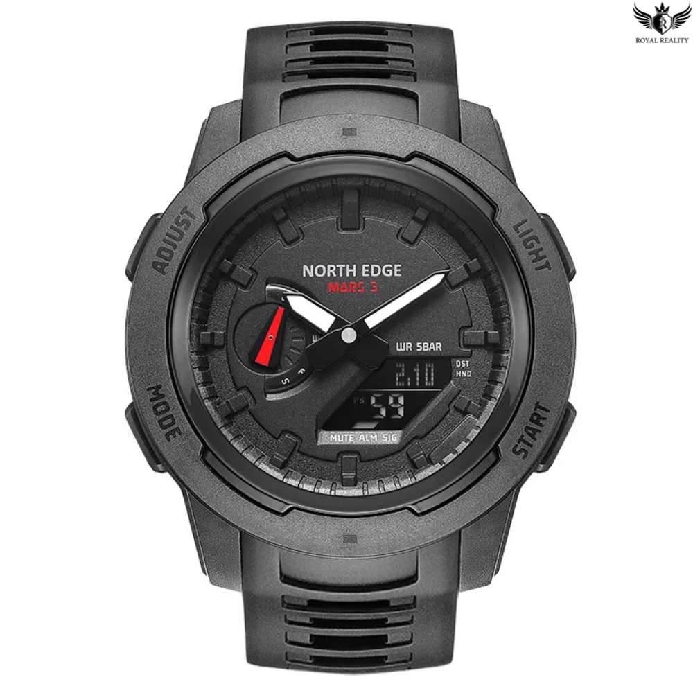 Black North Edge watch with digital and analog display on a white background