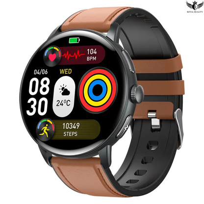 Smartwatch with a brown and black strap on a white background