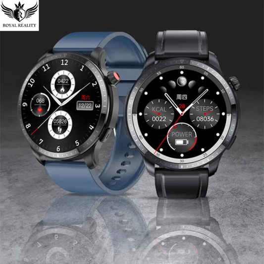 Smart Watch with fitness tracking heart rate and body temperature monitoring features with black and blue straps