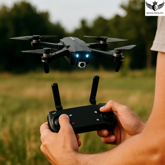 Person holding a drone controller with a drone flying in the background