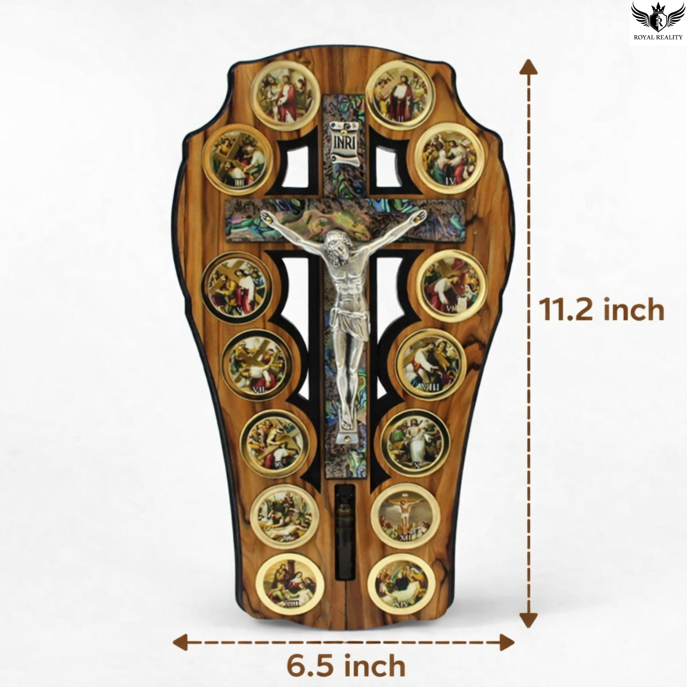 Wooden cross with religious scenes and measurements on a white background