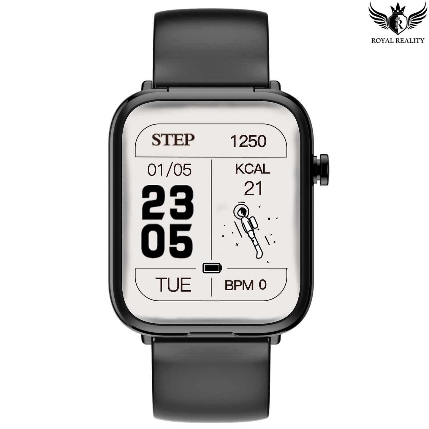 Smartwatch with a black strap on a white background, featuring the brand 'Royal Reality'.