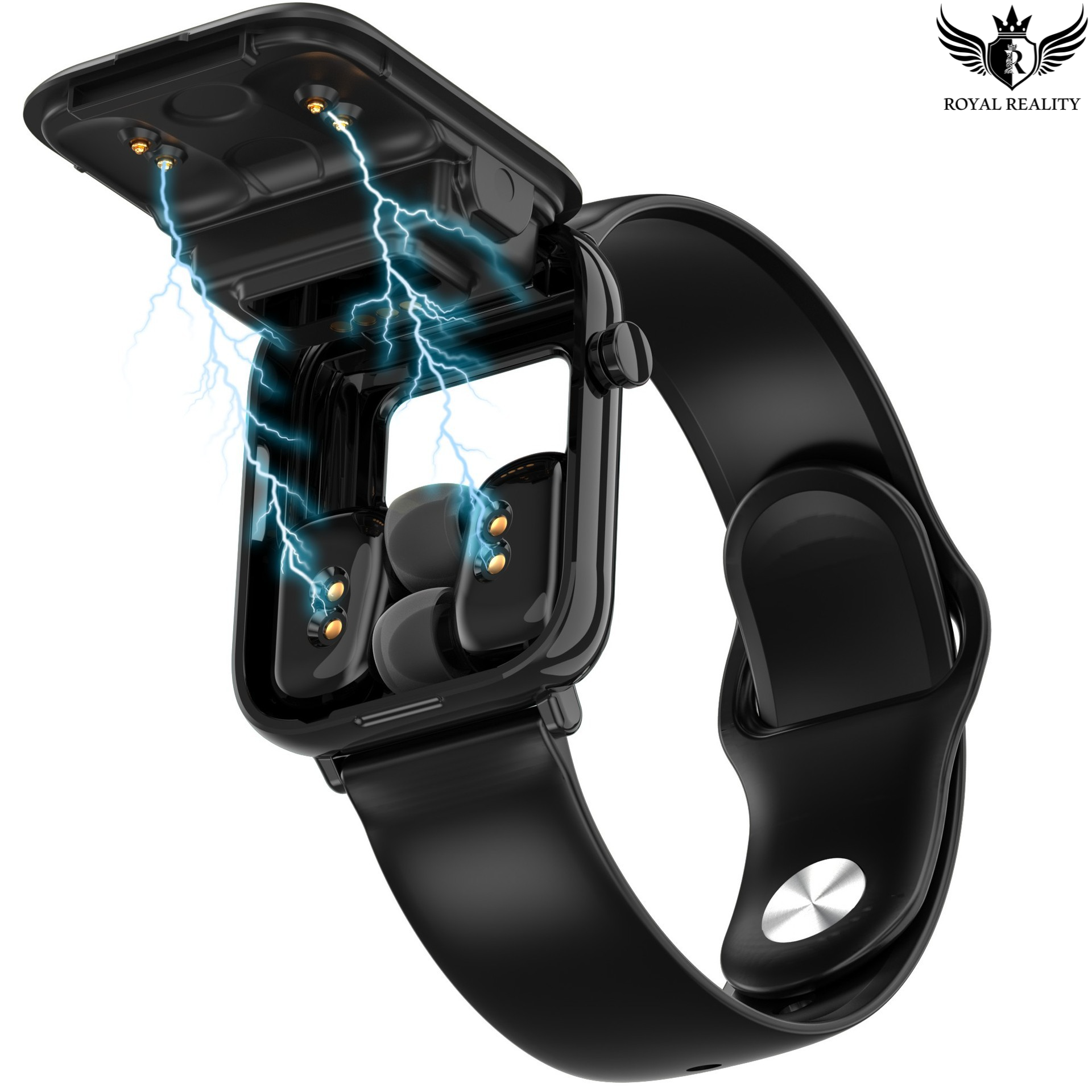 Black smartwatch with a lightning effect on a white background, featuring the Royal Reality brand.