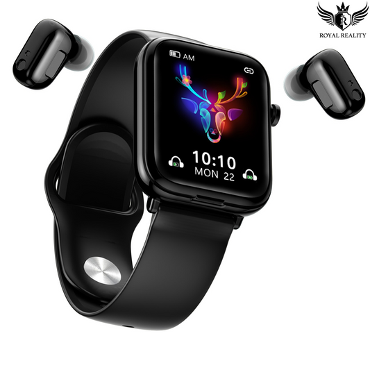 Black smartwatch with colorful display, wireless earbuds, and 'Royal Reality' logo on a white background