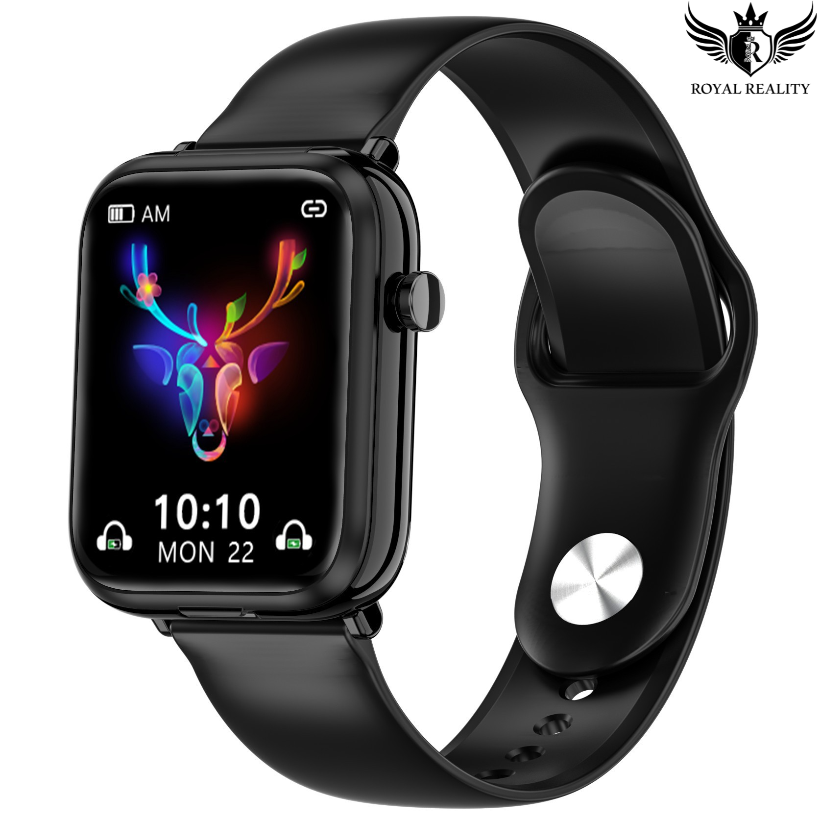 Black smartwatch with colorful display on a white background, branded 'Royal Reality'.