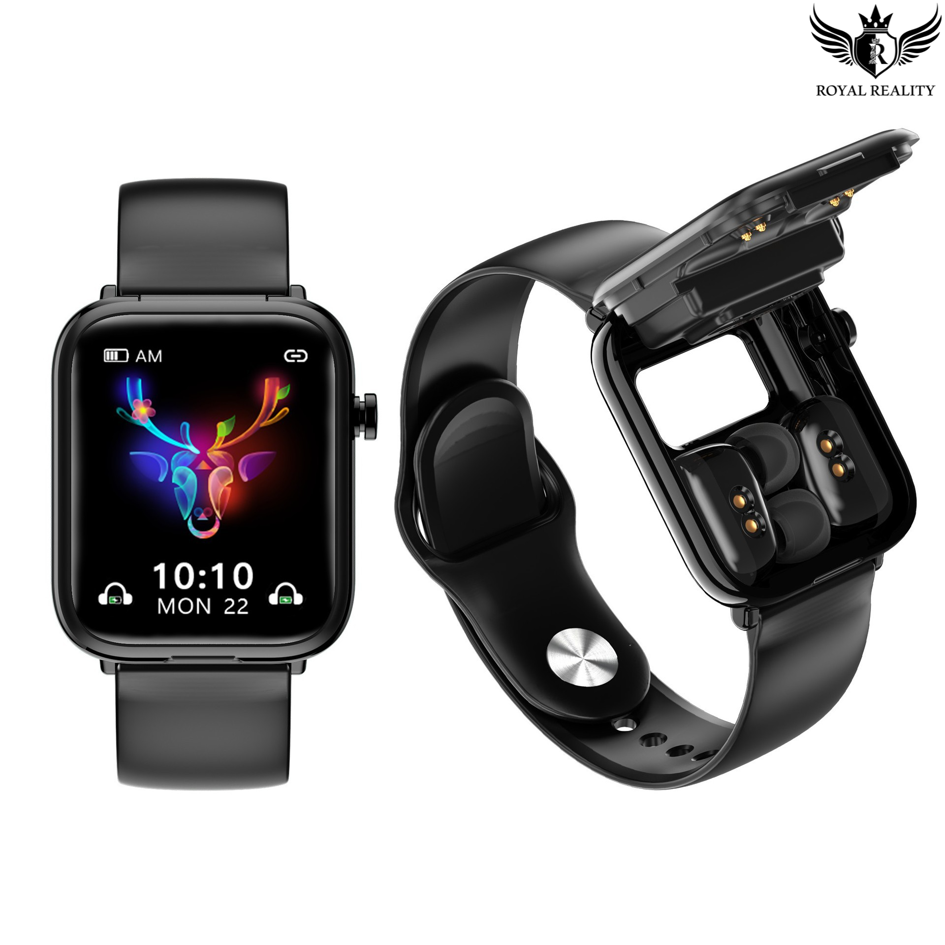 Black smartwatch with colorful display and open case on a white background, featuring 'Royal Reality' branding.