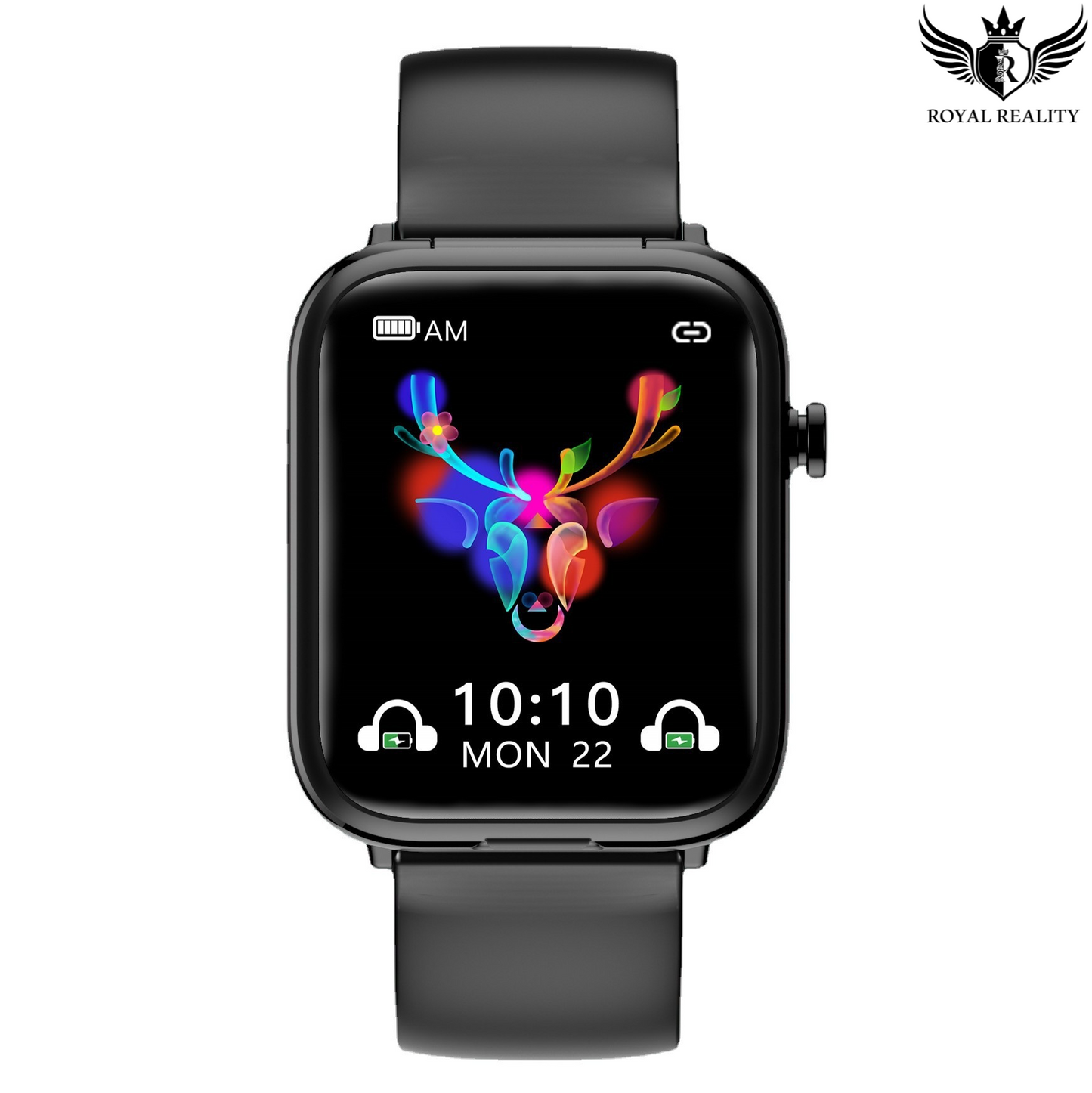 Black smartwatch with colorful display on a white background, featuring the 'Royal Reality' brand.