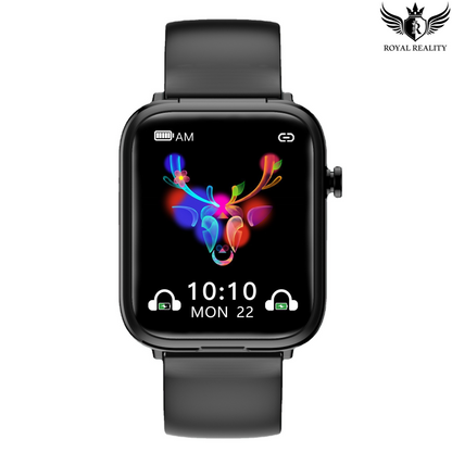 Black smartwatch with colorful display on a white background, featuring the 'Royal Reality' brand.