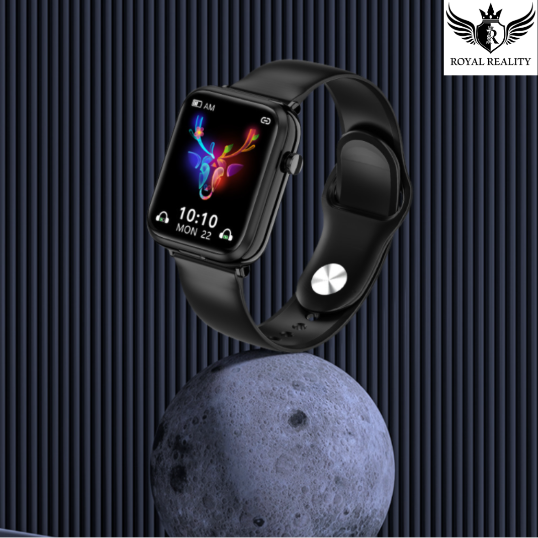 Black smartwatch with a colorful display on a textured dark background, featuring the 'Royal Reality' brand.
