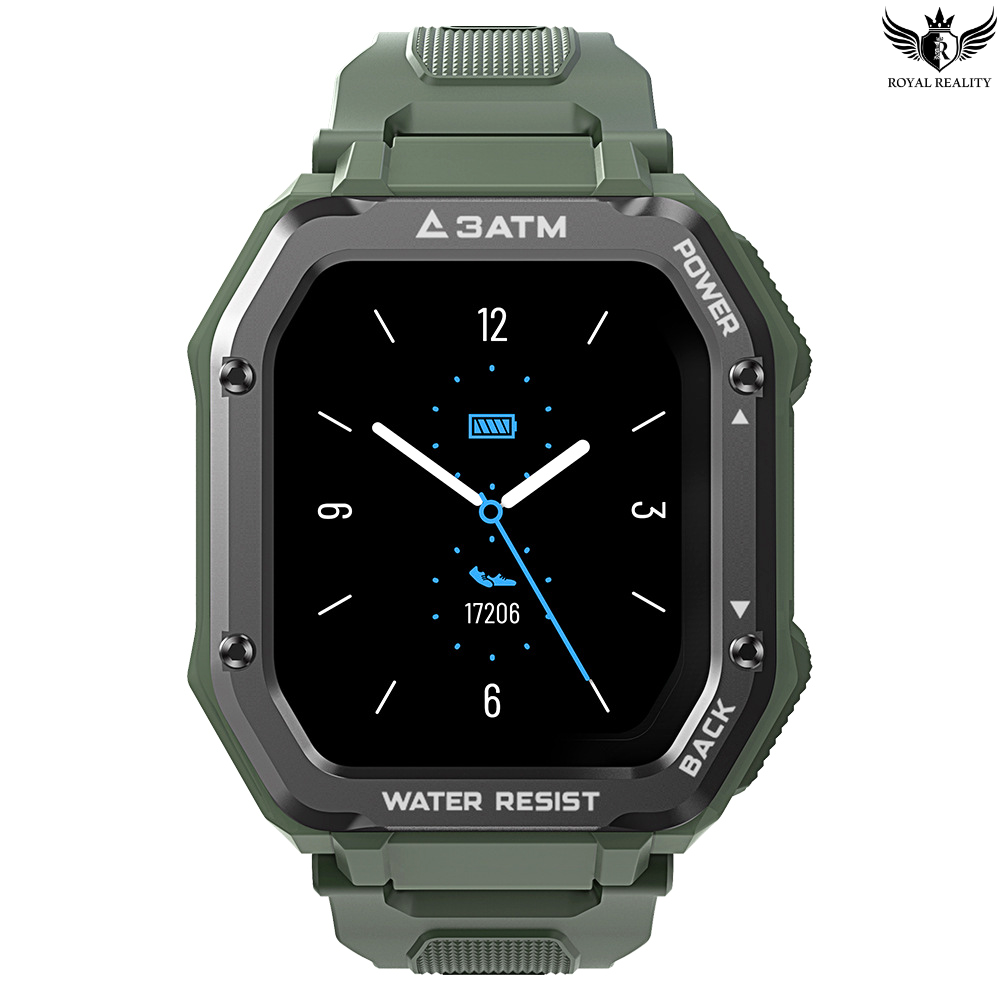 Green Rugged Smartwatch Displaying Analog Clock Interface