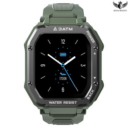 Green Rugged Smartwatch Displaying Analog Clock Interface