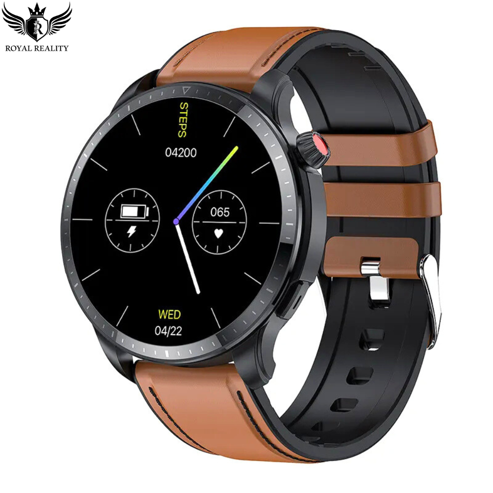 Smart watch with stylish brown strap featuring health tracking step counter and date display Perfect for fitness enthusiasts and everyday use.

