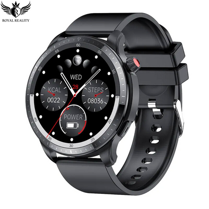 Smart watch with black strap displaying health metrics like calories burned steps and battery power Ideal for fitness and daily use with a modern design.