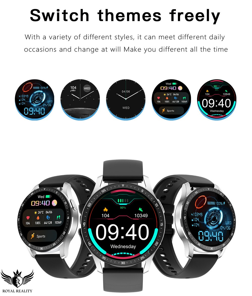 Smartwatch with customizable digital watch faces on a white background