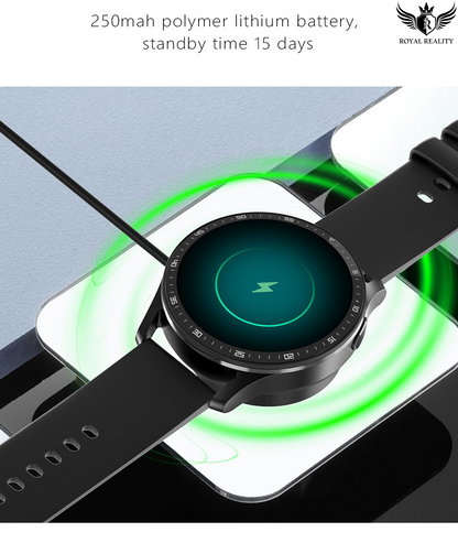 Smartwatch with a black band on a reflective surface, featuring text about battery capacity and standby time.