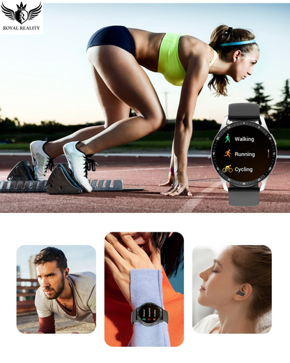 Woman exercising on a track with a smartwatch displaying activity data, surrounded by inset images of people wearing the watch.