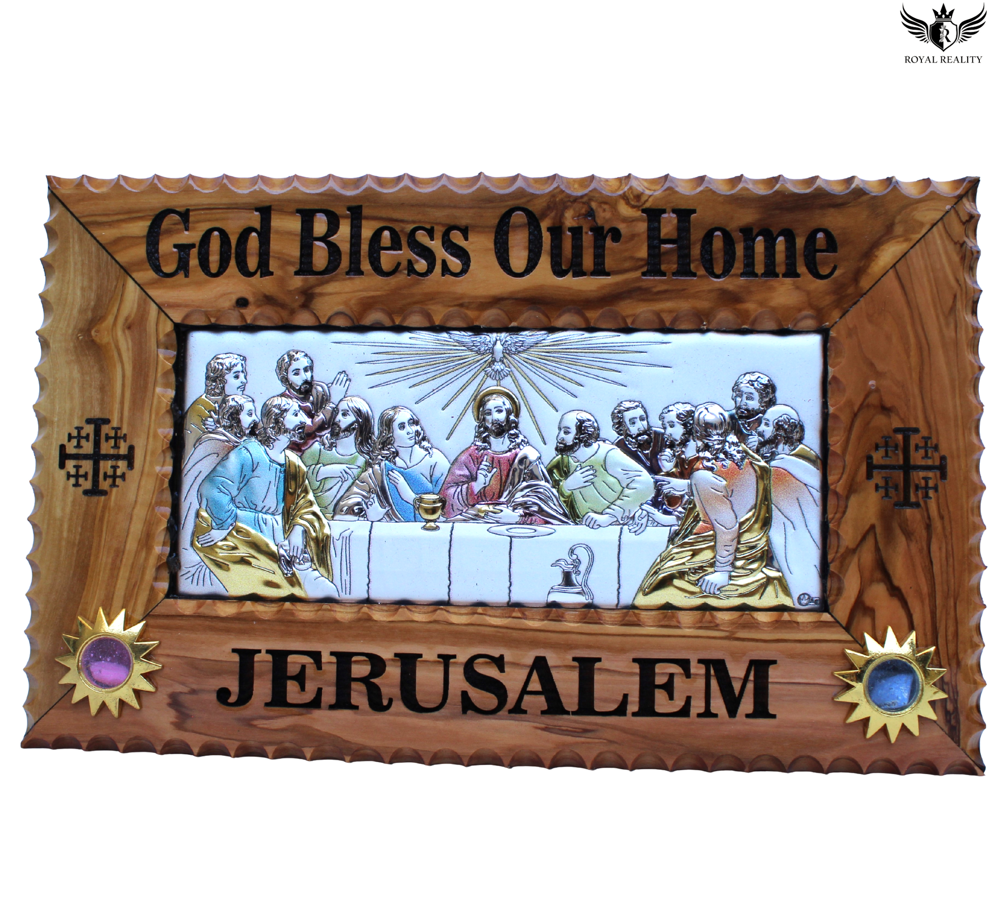 Decorative plaque with religious scene and 'God Bless Our Home, Jerusalem' text in a wooden frame.