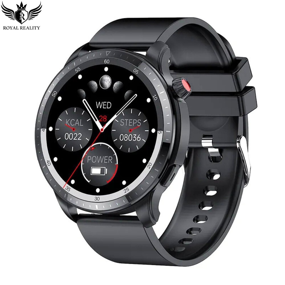 Smart watch with black strap displaying health metrics like calories burned steps and battery power. Ideal for fitness and daily use with a modern design.