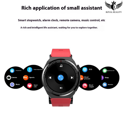 Smartwatch with red band and app icons on a white background, featuring text about its features.