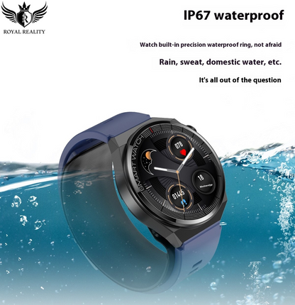 Smartwatch with blue band submerged in water, emphasizing IP67 waterproof feature.