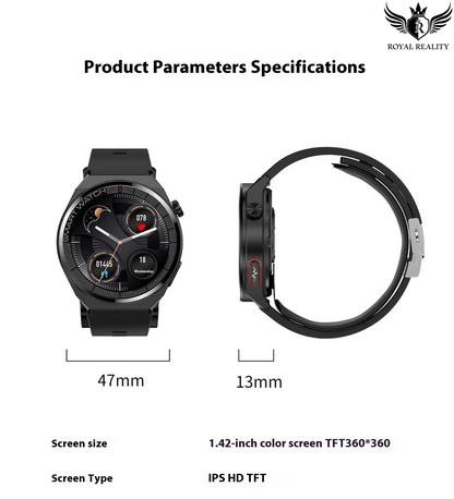 Smartwatch with band specifications on a white background