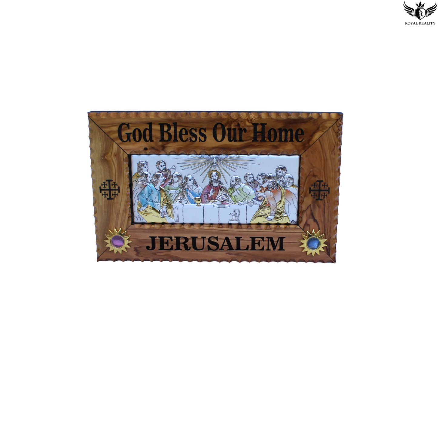 Wooden plaque with 'God Bless Our Home' and 'Jerusalem' text, featuring an image of the Last Supper.