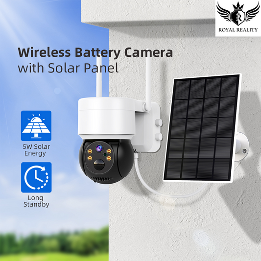 "Wireless solar-powered outdoor security camera mounted on white wall"