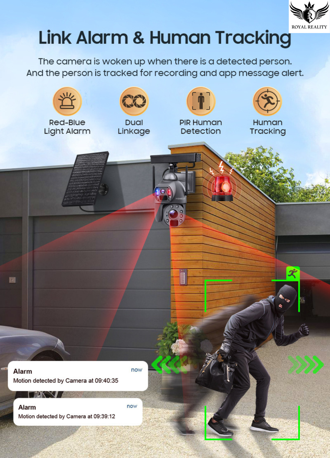 Security camera system with alarm and human tracking features in an outdoor setting.