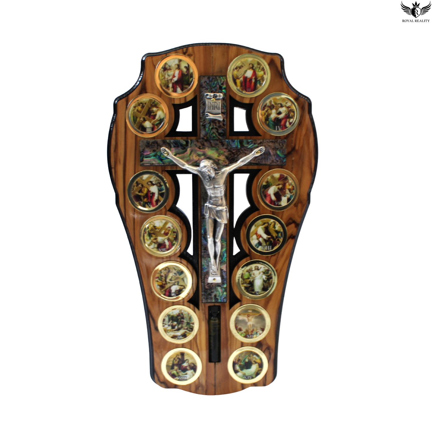 Wooden cross wall decoration with religious scenes and a central figure on a white background