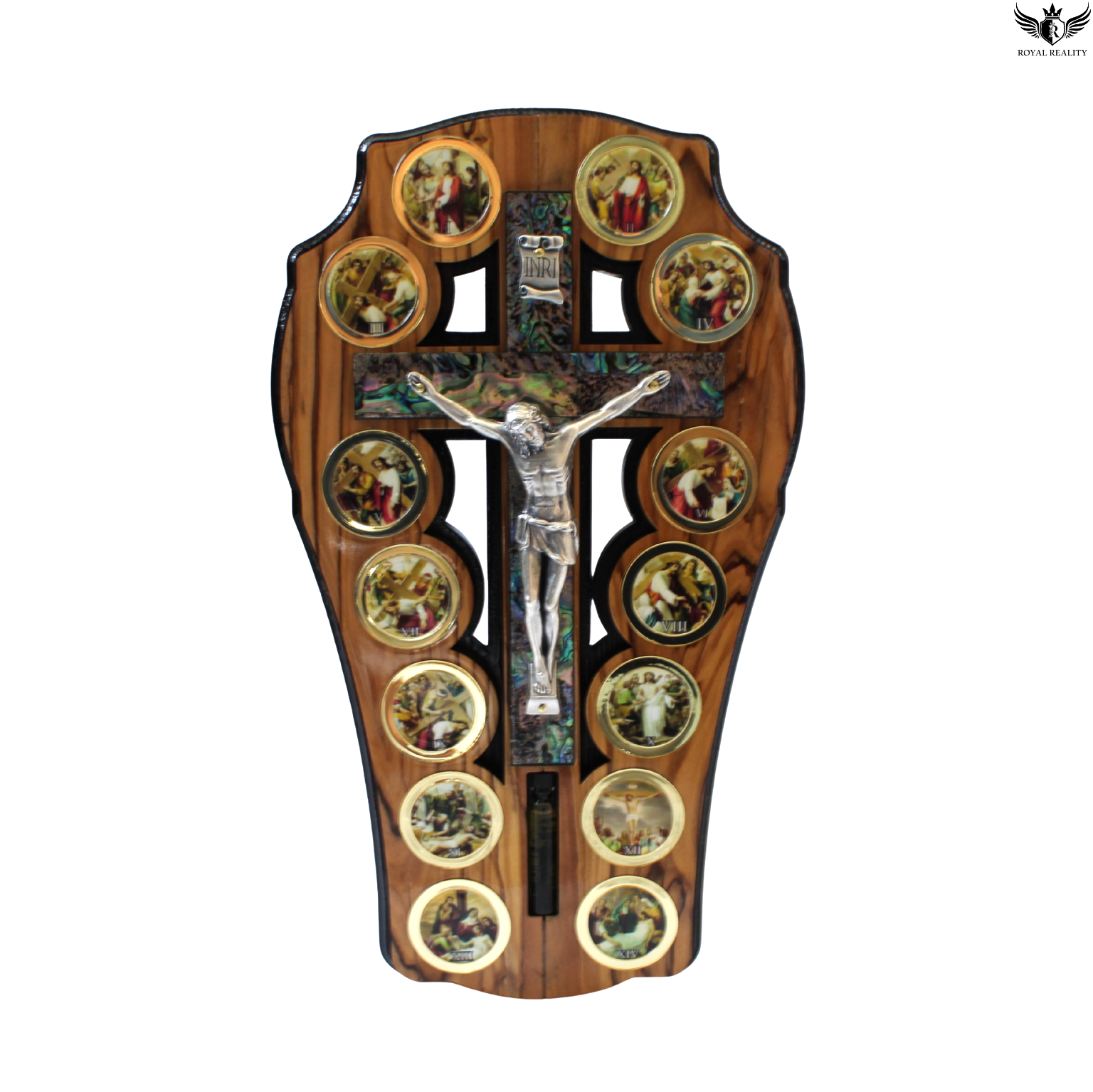 Wooden cross wall decoration with religious scenes and a central figure on a white background