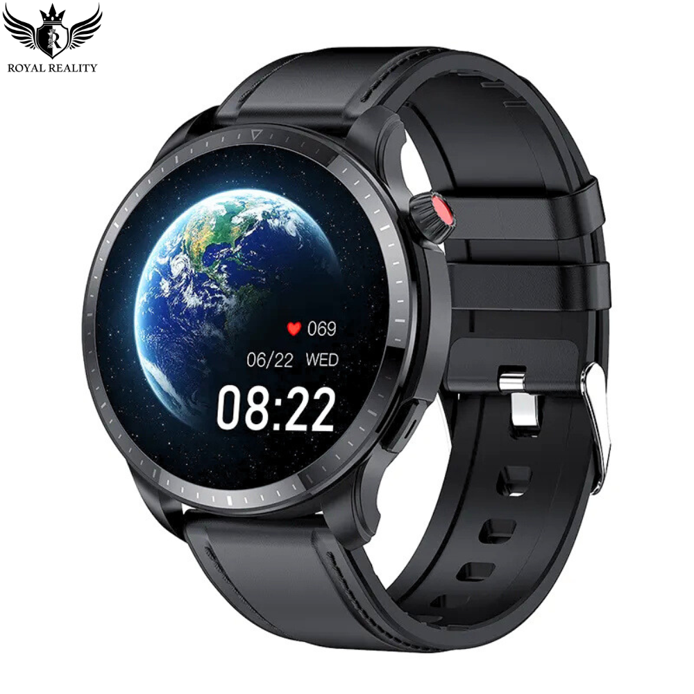 Smart watch with sleek black design featuring world globe screen and fitness tracking capabilities perfect for monitoring time health and activities