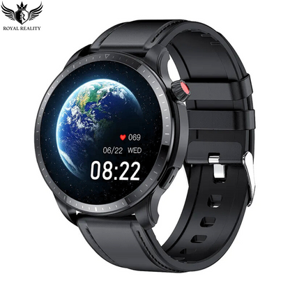 Smart watch with sleek black design featuring world globe screen and fitness tracking capabilities perfect for monitoring time health and activities