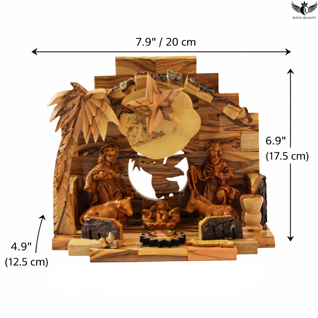 Wooden nativity scene with measurements on a white background