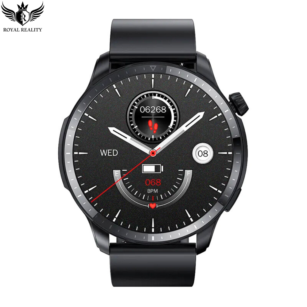 Elegant black smart watch with various health metrics including steps heart rate and date Designed for fitness tracking and daily use.

