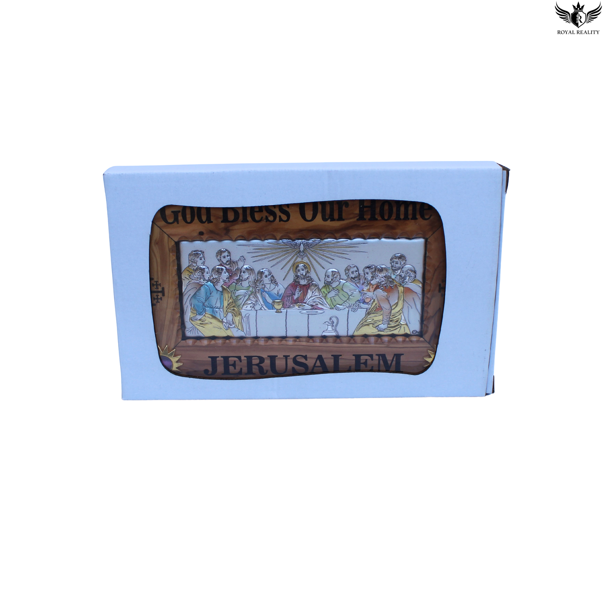 Decorative box with a painting of a religious scene and 'Jerusalem' text on a white background