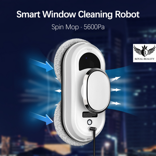 Smart window cleaning robot with 5600Pa suction power in action at night