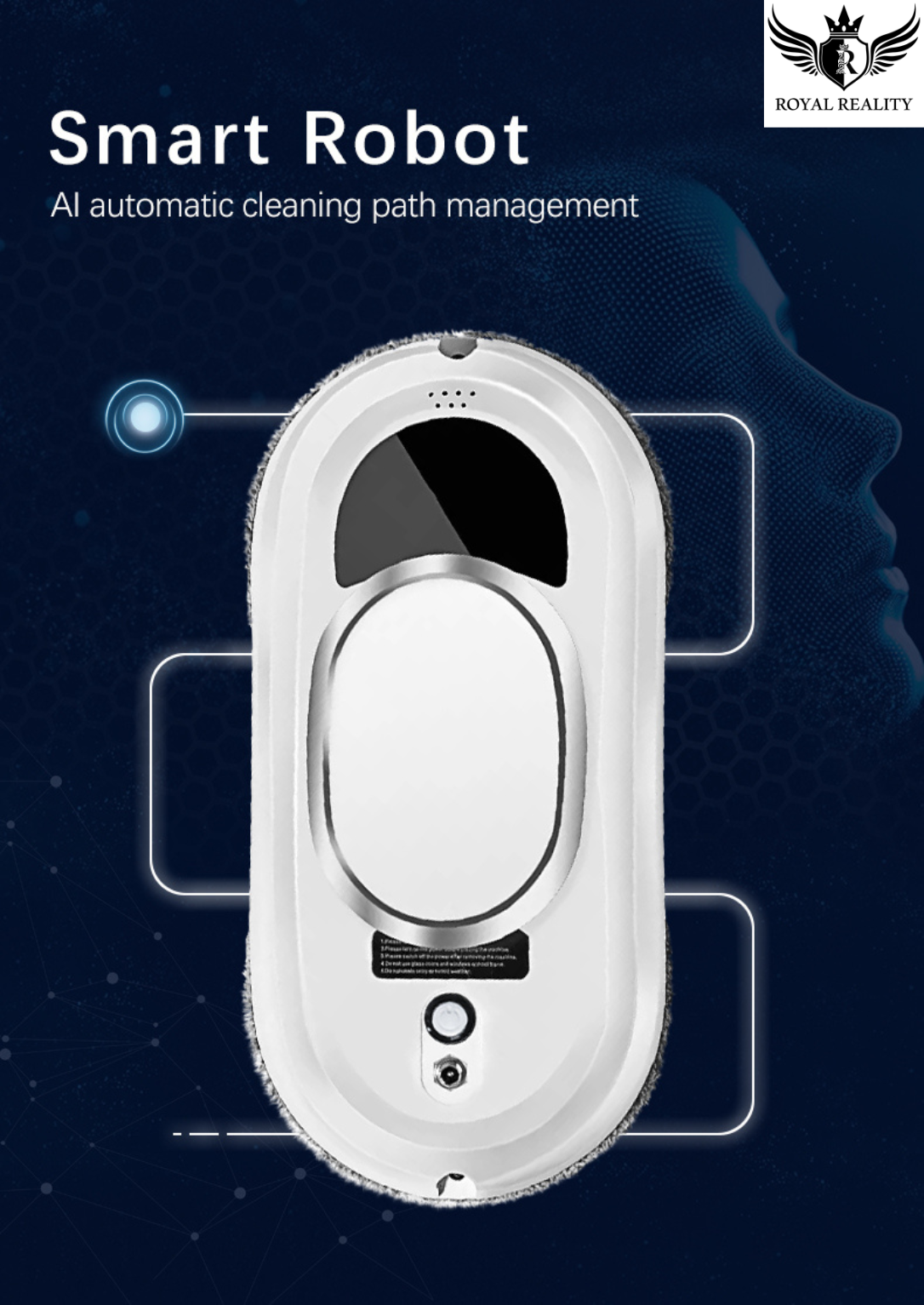 Smart robot for AI automatic cleaning path management on a dark background with 'Royal Reality' branding.