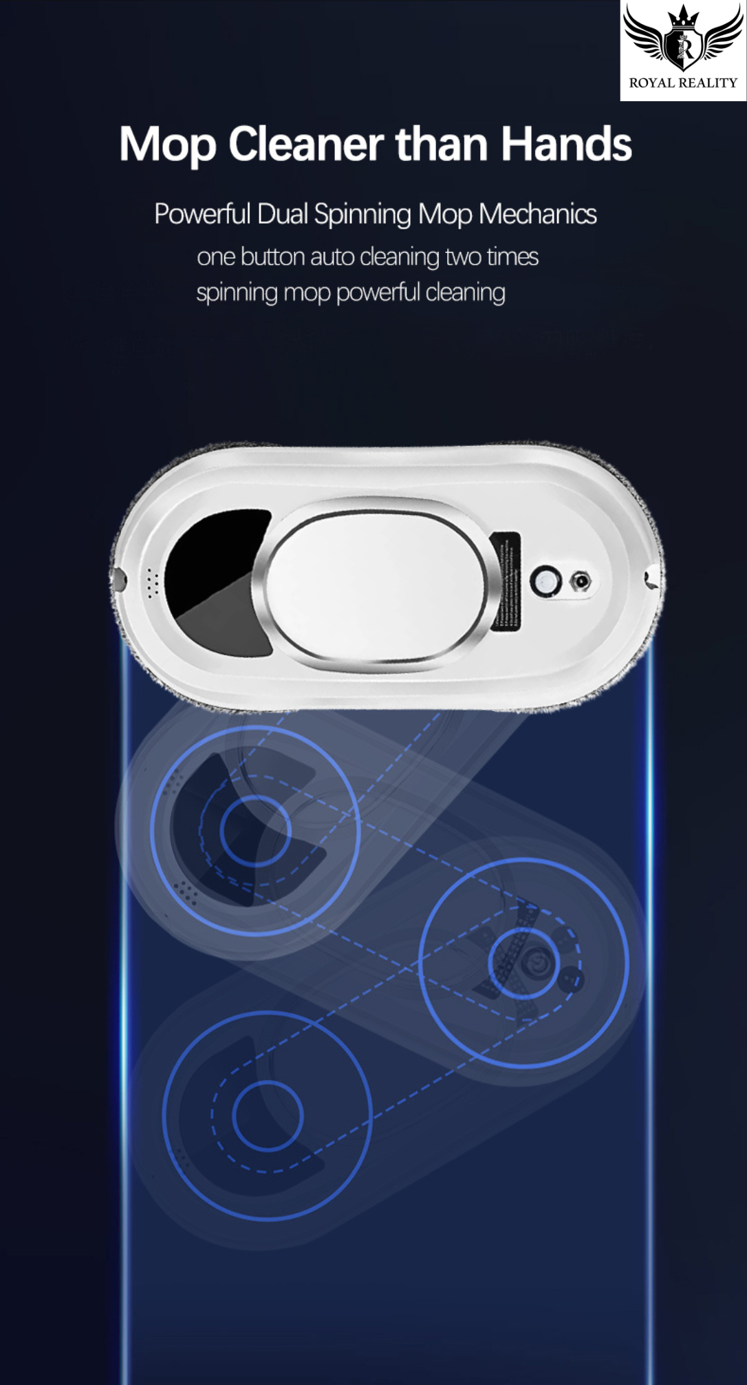 Mop cleaner device with text on a dark background