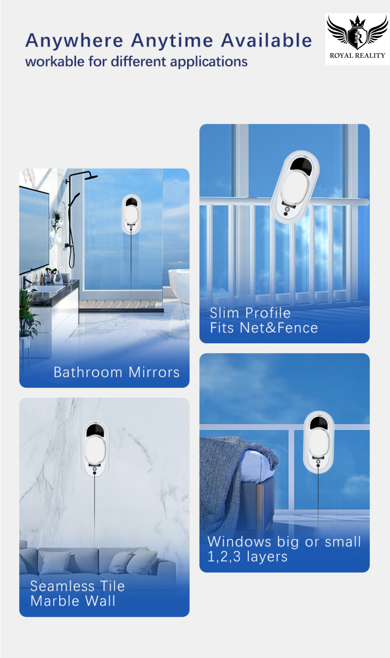 Advertisement for a product with various application scenarios including bathroom mirrors, net & fence, and windows.